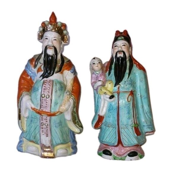 10" Antique Chinese Sanxing Lu & Shou Figurines Fertility & Prosperity - Picture 1 of 14